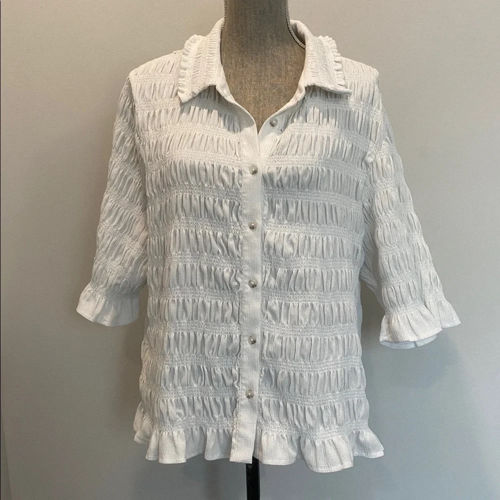 MAEVE Anthropologie Smocked Button Front Top Ivory Natural Cottagecore Chic 2X - Picture 7 of 16